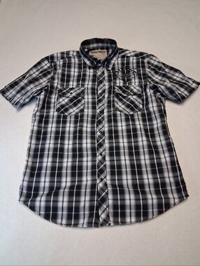 Machine Brand Western Grunge Black & White Plaid Short-Sleeve Button-Up Shirt